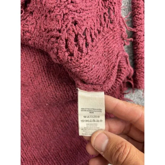 Free People Sweater Womens XS Burgundy V Neck Distressed Knit Pullover Boho - Picture 6 of 7